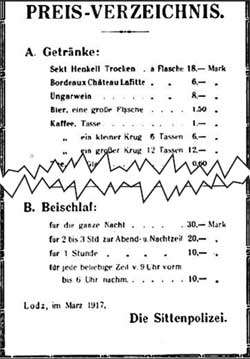 ЦЕНЫ ПОЛЕВОГО БОРДЕЛЯ: Бутылка шампанского - 18 марок, Чашка кофе - 1 марка, Девушка на всю ночь - 30 марок, На один час - 10 марок
